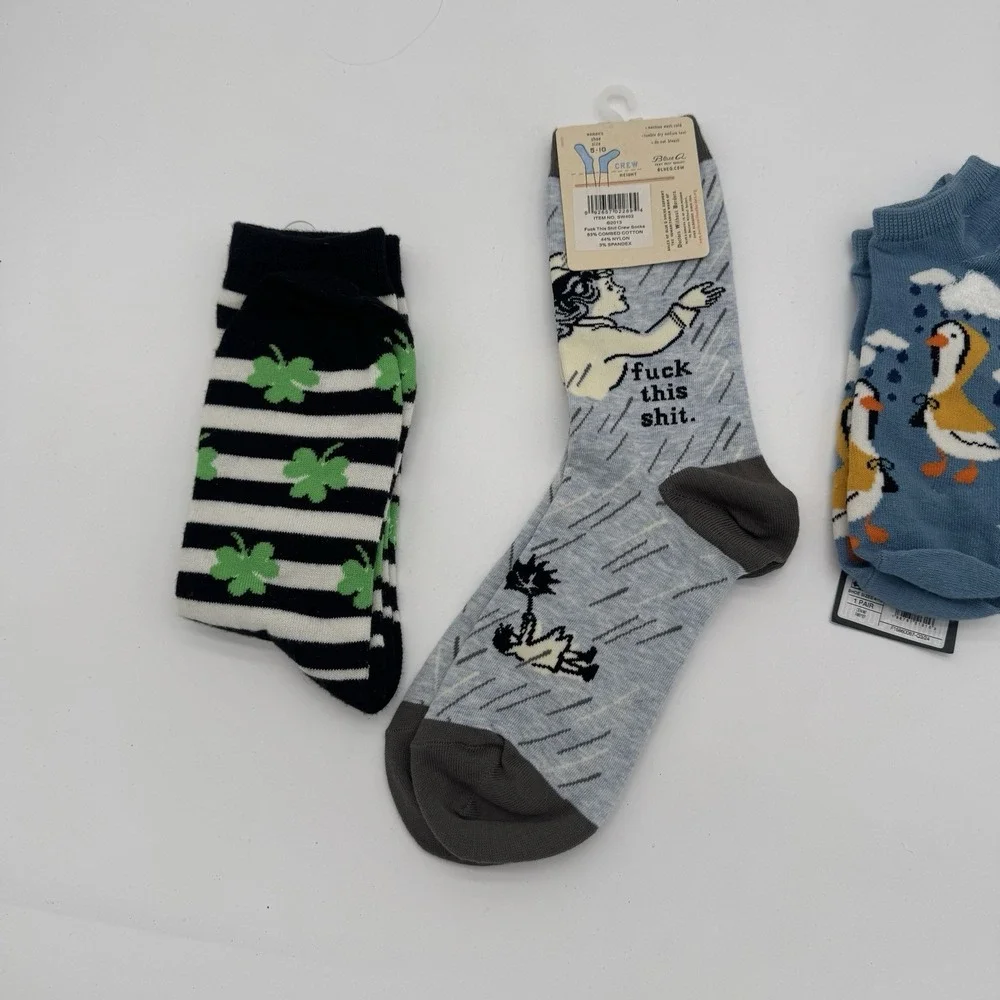 Novelty Crew Socks Lot 3 Blue Q‎ Shamrock Ducks Funny Womens 4-10 NWT